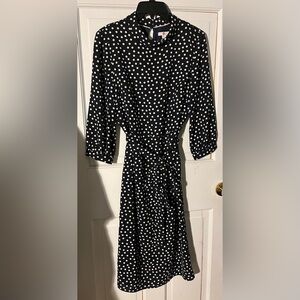 Boden Black & White Polka Dot Dress W/Relaxed Band Collar and Belt Size 6R